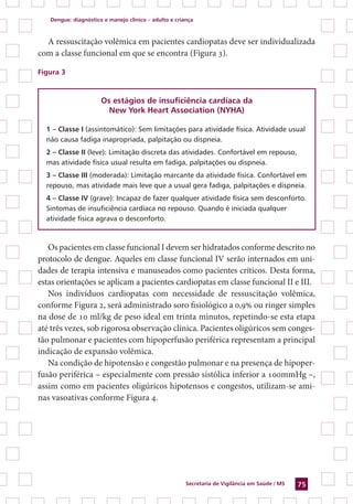 Dengue: diagnóstico e manejo clínico – adulto e criança
Secretaria de Vigilância em Saúde / MS 75
A ressuscitação volêmica em pacientes cardiopatas deve ser individualizada
com a classe funcional em que se encontra (Figura 3).
Figura 3
Os estágios de insuficiência cardíaca da
New York Heart Association (NYHA)
1 – Classe I (assintomático): Sem limitações para atividade física. Atividade usual
não causa fadiga inapropriada, palpitação ou dispneia.
2 – Classe II (leve): Limitação discreta das atividades. Confortável em repouso,
mas atividade física usual resulta em fadiga, palpitações ou dispneia.
3 – Classe III (moderada): Limitação marcante da atividade física. Confortável em
repouso, mas atividade mais leve que a usual gera fadiga, palpitações e dispneia.
4 – Classe IV (grave): Incapaz de fazer qualquer atividade física sem desconforto.
Sintomas de insuficiência cardíaca no repouso. Quando é iniciada qualquer
atividade física agrava o desconforto.
Os pacientes em classe funcional I devem ser hidratados conforme descrito no
protocolo de dengue. Aqueles em classe funcional IV serão internados em uni-
dades de terapia intensiva e manuseados como pacientes críticos. Desta forma,
estas orientações se aplicam a pacientes cardiopatas em classe funcional II e III.
Nos indivíduos cardiopatas com necessidade de ressuscitação volêmica,
conforme Figura 2, será administrado soro fisiológico a 0,9% ou ringer simples
na dose de 10 ml/kg de peso ideal em trinta minutos, repetindo-se esta etapa
até três vezes, sob rigorosa observação clínica. Pacientes oligúricos sem conges-
tão pulmonar e pacientes com hipoperfusão periférica representam a principal
indicação de expansão volêmica.
Na condição de hipotensão e congestão pulmonar e na presença de hipoper-
fusão periférica – especialmente com pressão sistólica inferior a 100mmHg –,
assim como em pacientes oligúricos hipotensos e congestos, utilizam-se ami-
nas vasoativas conforme Figura 4.
 