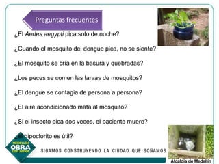 Preguntas frecuentes
¿El Aedes aegypti pica solo de noche?

¿Cuando el mosquito del dengue pica, no se siente?

¿El mosquito se cría en la basura y quebradas?

¿Los peces se comen las larvas de mosquitos?

¿El dengue se contagia de persona a persona?

¿El aire acondicionado mata al mosquito?

¿Si el insecto pica dos veces, el paciente muere?

¿el hipoclorito es útil?
 