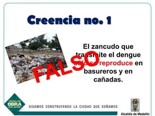 Creencia no. 1
           El zancudo que
        transmite el dengue
       sólo se reproduce en
           basureros y en
               cañadas.
 
