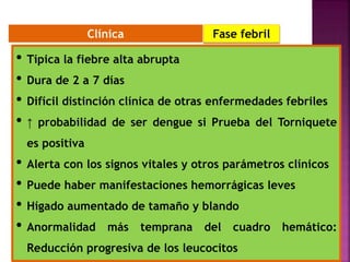 Clínica
• Típica la fiebre alta abrupta
• Dura de 2 a 7 días
• Difícil distinción clínica de otras enfermedades febriles
• ↑ probabilidad de ser dengue si Prueba del Torniquete
es positiva
• Alerta con los signos vitales y otros parámetros clínicos
• Puede haber manifestaciones hemorrágicas leves
• Hígado aumentado de tamaño y blando
• Anormalidad más temprana del cuadro hemático:
Reducción progresiva de los leucocitos
Fase febril
 
