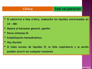 Clínica
WHO. Dengue: guidelines for diagnosis, treatment, prevention and control. New edition Geneva: World Health Organisation;
• Si sobrevive a fase crítica, reabsorbe los líquidos extravasados en
24 - 48h
• Mejora el bienestar general, apetito
• Pocos síntomas GI
• Estabilización hemodinámica
• Hay diuresis
• Si hubo exceso de líquidos IV, la falla respiratoria y la ascitis
pueden ocurrir en cualquier momento
Fase recuperación
 
