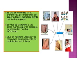  Es una enfermedad viral,
transmitida por mosquitos del
género Aedes, principal-mente
por Aedes aegypti.
 El virus se transmite a los
seres humanos por la picadura
de mosquitos hembra
infectadas.
 Vive en hábitats urbanos y se
reproduce principalmente en
recipientes artificiales
 