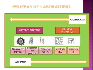 METODOS DIRECTOS
METODOS
INDIRECTOS
Aislamiento
del virus
Detección
del
genoma
Deteccion
del NS1
Serologia
IGM
Serologia
IgG
ACCESIBILIDAD
CONFIANZA
 