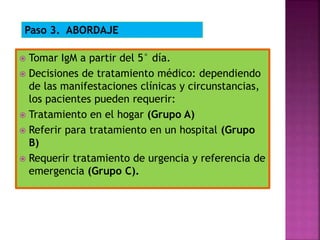  Tomar IgM a partir del 5° día.
 Decisiones de tratamiento médico: dependiendo
de las manifestaciones clínicas y circunstancias,
los pacientes pueden requerir:
 Tratamiento en el hogar (Grupo A)
 Referir para tratamiento en un hospital (Grupo
B)
 Requerir tratamiento de urgencia y referencia de
emergencia (Grupo C).
Paso 3. ABORDAJE
 