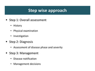 Step wise approach
 Step 1: Overall assessment
• History
• Physical examination
• Investigation
 Step 2: Diagnosis
• Assessment of disease phase and severity
 Step 3: Management
• Disease notification
• Management decisions
 
