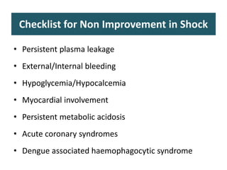 Checklist for Non Improvement in Shock
• Persistent plasma leakage
• External/Internal bleeding
• Hypoglycemia/Hypocalcemia
• Myocardial involvement
• Persistent metabolic acidosis
• Acute coronary syndromes
• Dengue associated haemophagocytic syndrome
 
