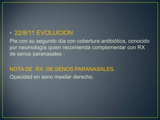 23/8 /11Paciente que el día de hoy se solicita en servicio Rx tórax control para valorar resolución de cuadro neumónico. Además se obtiene resultado de VIH, VDRL y Hepatitis B; los cuales son no reactivos.NOTA DE RX DE TORAX8 EIC.   RCT 52%.Parénquima pulmonar con edema peri bronquial.Senos libres.Estructuras óseas y blandas normales.