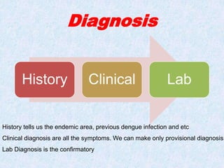Diagnosis
History Clinical Lab
History tells us the endemic area, previous dengue infection and etc
Clinical diagnosis are all the symptoms. We can make only provisional diagnosis
Lab Diagnosis is the confirmatory
 