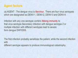 Agent factors
(a) AGENT : The dengue virus is flavivirus . There are four virus serotypes
which are designated as DENV-1, DENV-2, DENV-3 and DENV-4.
Infection with any one serotype confers lifelong immunity to
that virus serotype.Secondary infection with dengue serotype 2 or
multiple infection with different serotypes lead to severe
form dengue DHF/DSS.
The first infection probably sensitizes the patient, while the second infection
with
different serotype appears to produce immunological catastrophy.
 