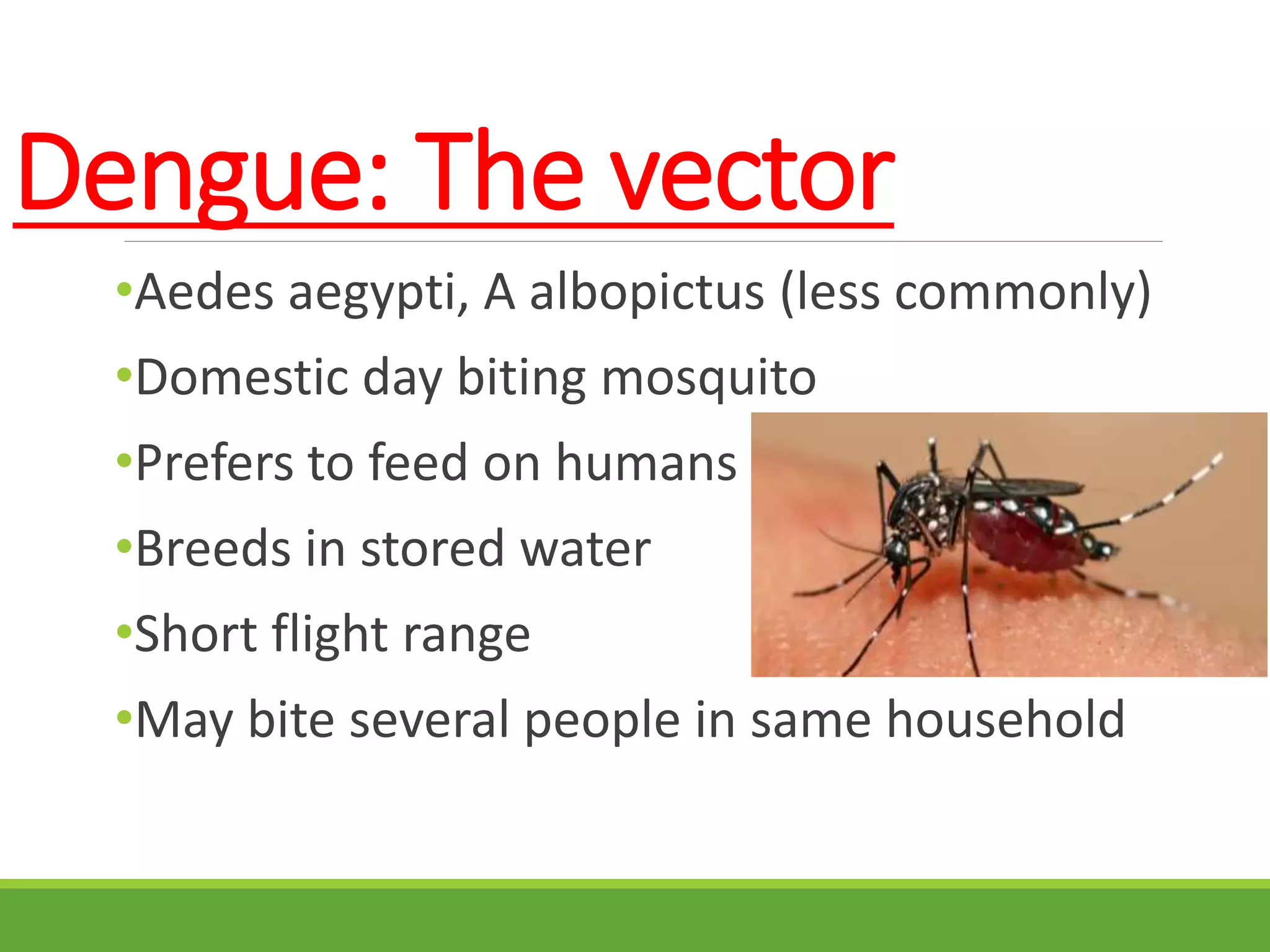 Dengue: The vector
•Aedes aegypti, A albopictus (less commonly)
•Domestic day biting mosquito
•Prefers to feed on humans
•Breeds in stored water
•Short flight range
•May bite several people in same household
 