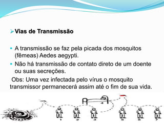 Vias de Transmissão
 A transmissão se faz pela picada dos mosquitos
(fêmeas) Aedes aegypti.
 Não há transmissão de contato direto de um doente
ou suas secreções.
Obs: Uma vez infectada pelo vírus o mosquito
transmissor permanecerá assim até o fim de sua vida.
 