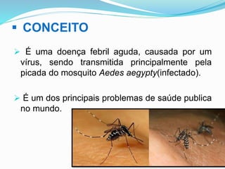  CONCEITO
 É uma doença febril aguda, causada por um
vírus, sendo transmitida principalmente pela
picada do mosquito Aedes aegypty(infectado).
 É um dos principais problemas de saúde publica
no mundo.
 