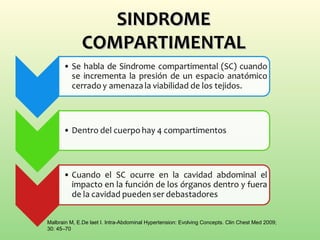 SINDROMESINDROME
COMPARTIMENTALCOMPARTIMENTAL
Malbrain M, E.De laet I. Intra-Abdominal Hypertension: Evolving Concepts. Clin Chest Med 2009;
30: 45–70
 
