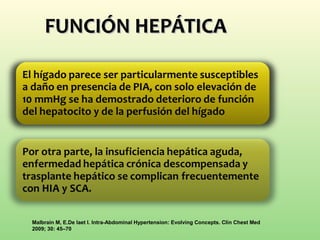 FUNCIÓN HEPÁTICAFUNCIÓN HEPÁTICA
Malbrain M, E.De laet I. Intra-Abdominal Hypertension: Evolving Concepts. Clin Chest Med
2009; 30: 45–70
 