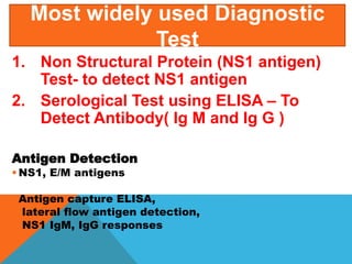 1. Non Structural Protein (NS1 antigen)
Test- to detect NS1 antigen
2. Serological Test using ELISA – To
Detect Antibody( Ig M and Ig G )
Antigen Detection
 NS1, E/M antigens
 Antigen capture ELISA,
 lateral flow antigen detection,
 NS1 IgM, IgG responses
Most widely used Diagnostic
Test
 