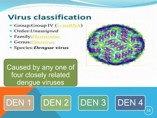 16
DEN 1 DEN 2 DEN 3 DEN 4
Caused by any one of
four closely related
dengue viruses
 