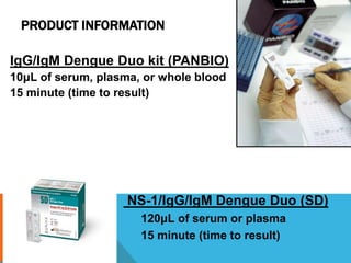 IgG/IgM Dengue Duo kit (PANBIO)
10μL of serum, plasma, or whole blood
15 minute (time to result)
PRODUCT INFORMATION
NS-1/IgG/IgM Dengue Duo (SD)
120μL of serum or plasma
15 minute (time to result)
 