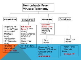 Hemorrhagic Fever
Viruses: Taxonomy
Arenaviridae
¨ Ebola HF
(Ebola Virus
Marburg HF
(Marburg
Virus
Rift Valley
Fever ( RVF
Virus )
Crimean-Congo
HF (CCHF
Virus)
Hantavirus
Genus
HFRS (rodents
urine)
Argentine HF
 ( Junin Virus)
Bolivian HF
(Machupo
Virus)
Venezuelan
HF (Guanarito
Virus)
Brazilian HF
(Sabia Virus)
 Lassa Fever
Yellow Fever
West Nile
Fever
Dengue HF
¨Kyasanur Forest
Disease (KFD Virus)
¨Omsk HF( OHF
Virus)
¨ALKHUMRA
¨Mosquito-
Borne:
¨Tick-
Borne:
Bunyaviridae Filoviridae Flaviviridae
 