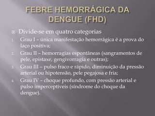     Divide-se em quatro categorias
1.   Grau I – única manifestação hemorrágica é a prova do
     laço positiva;
2.   Grau II – hemorragias espontâneas (sangramentos de
     pele, epistaxe, gengivorragia e outras);
3.   Grau III – pulso fraco e rápido, diminuição da pressão
     arterial ou hipotensão, pele pegajosa e fria;
4.   Grau IV – choque profundo, com pressão arterial e
     pulso imperceptíveis (síndrome do choque da
     dengue).
 