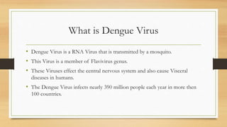 What is Dengue Virus
• Dengue Virus is a RNA Virus that is transmitted by a mosquito.
• This Virus is a member of Flavivirus genus.
• These Viruses effect the central nervous system and also cause Visceral
diseases in humans.
• The Dengue Virus infects nearly 390 million people each year in more then
100 countries.
 