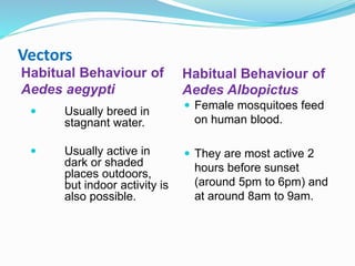 Vectors
Habitual Behaviour of
Aedes aegypti
Habitual Behaviour of
Aedes Albopictus
 Usually breed in
stagnant water.
 Usually active in
dark or shaded
places outdoors,
but indoor activity is
also possible.
 Female mosquitoes feed
on human blood.
 They are most active 2
hours before sunset
(around 5pm to 6pm) and
at around 8am to 9am.
 