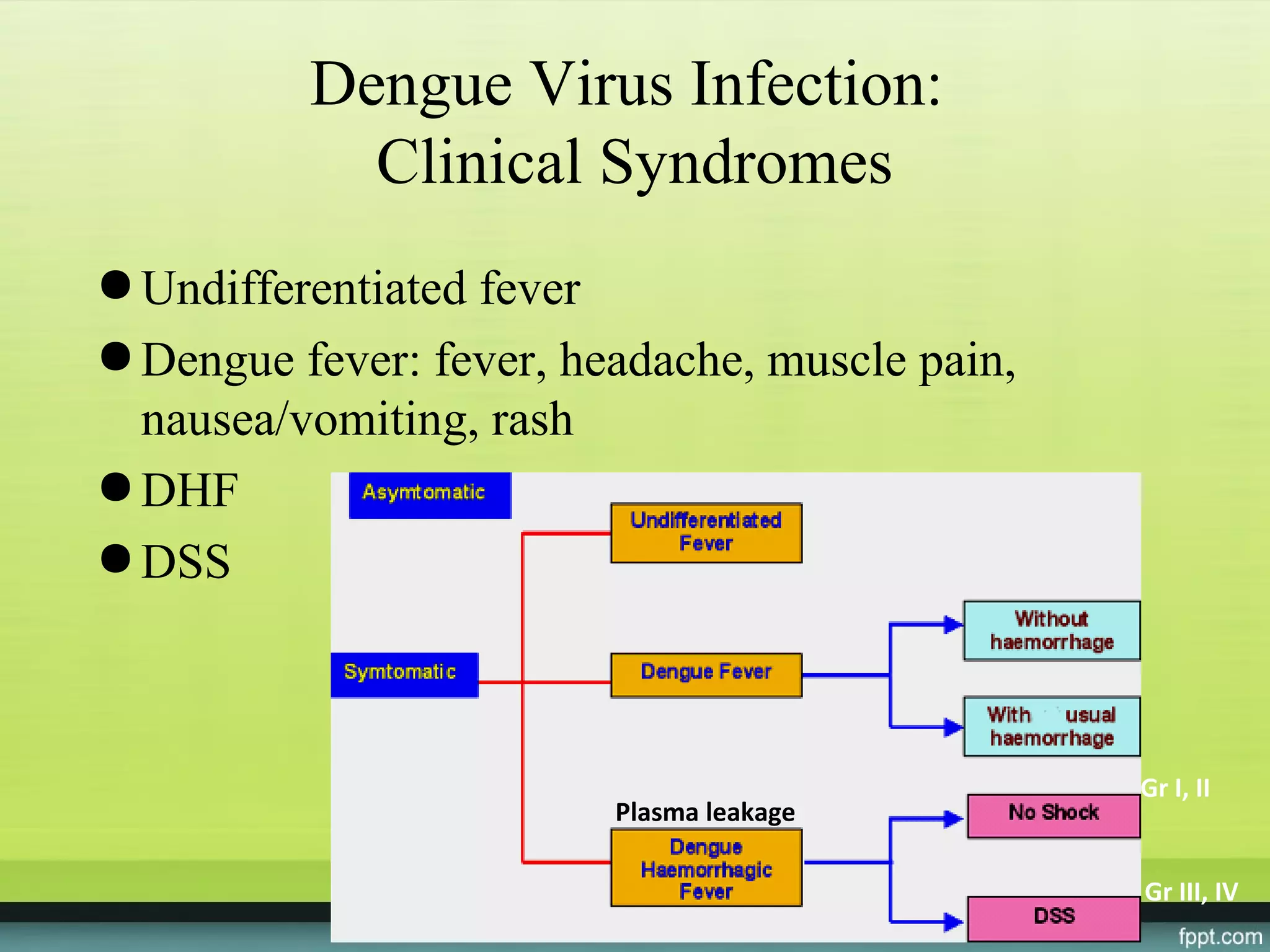 Dengue Virus Infection:
            Clinical Syndromes
● Undifferentiated fever
● Dengue fever: fever, headache, muscle pain,
  nausea/vomiting, rash
● DHF
● DSS



                                                Gr I, II
                         Plasma leakage

                                                Gr III, IV
 