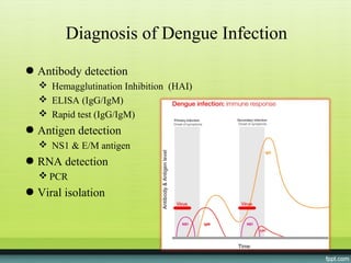 Diagnosis of Dengue Infection
● Antibody detection
   Hemagglutination Inhibition (HAI)
   ELISA (IgG/IgM)
   Rapid test (IgG/IgM)
● Antigen detection
   NS1 & E/M antigen
● RNA detection
   PCR
● Viral isolation
 