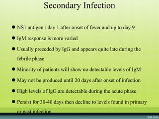 Secondary Infection

● NS1 antigen : day 1 after onset of fever and up to day 9

● IgM response is more varied

● Usually preceded by IgG and appears quite late during the
  febrile phase
● Minority of patients will show no detectable levels of IgM

● May not be produced until 20 days after onset of infection

● High levels of IgG are detectable during the acute phase

● Persist for 30-40 days then decline to levels found in primary
  or past infection
 