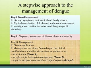 A stepwise approach to the
        management of dengue
Step I. Overall assessment
 History : symptoms, past medical and family history
 Physical examination : full physical and mental assessment
 Investigation : routine laboratory and dengue-specific
laboratory

Step II. Diagnosis, assessment of disease phase and severity

Step III. Management
 Disease notification
 Management decisions. Depending on the clinical
manifestations and other circumstances, patients may:
– be sent home (Group A);
– be referred for in-hospital management (Group B);
– require emergency treatment and urgent referral (Group C).
 