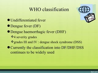 WHO classification

● Undifferentiated fever
● Dengue fever (DF)
● Dengue haemorrhagic fever (DHF)
  4 severity grades
  grades III and IV : dengue shock syndrome (DSS)
● Currently the classification into DF/DHF/DSS
  continues to be widely used
 