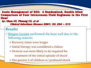 Acute Management of DSS:  A Randomized, Double blind Comparison of Four Intravenous Fluid Regimens in the First   Hour   by: Nhan NT, Phuong CX, et al   Clinical Infectious Disease 2001: 32: 204 – 213 Results Ringers Lactate  performed the least well due to the following reasons : Recovery times were longer Initial therapy was considered a failure  Dextran was more likely to be required for treatment of the initial episode of shock Has greater # of children w/ profound shock 