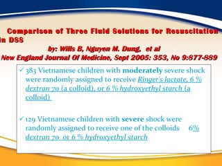 383 Vietnamese children with  moderately  severe shock were randomly assigned to receive  Ringer's lactate, 6 % dextran 70  (a colloid), or  6 % hydroxyethyl starch  (a colloid)  129 Vietnamese children with  severe  shock were randomly assigned to receive one of the colloids  6 % dextran 70   or  6 % hydroxyethyl starch Comparison of Three Fluid Solutions for Resuscitation in DSS   by: Wills B, Nguyen M. Dung,   et al  New England Journal Of Medicine, Sept 2005: 353, No 9:877-889 