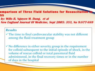Comparison of Three Fluid Solutions for Resuscitation in DSS   by: Wills B, Nguyen M. Dung,   et al   New England Journal Of Medicine, Sept 2005: 353, No 9:877-889 Results The time to final cardiovascular stability was not different among the fluid-treatment group No difference in either severity group in the requirement for colloid subsequent to the initial episode of shock, in the volume of rescue colloid or total parenteral fluid administered, in the final recovery times or in the number of days in the hospital 
