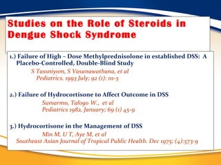 Studies on the Role of Steroids in Dengue Shock Syndrome 1.) Failure of High – Dose Methylprednisolone in established DSS:  A Placebo-Controlled, Double-Blind Study S   Tassniyom, S Vasanawathana, et al   Pediatrics, 1993 July; 92 (1): 111-5 2.) Failure of Hydrocortisone to Affect Outcome in DSS Sumarmo, Talogo W.,  et al   Pediatrics 1982, January; 69 (1) 45-9 3.) Hydrocortisone in the Management of DSS Min M, U T, Aye M, et al Southeast Asian Journal of Tropical Public Health. Dec 1975; (4):573-9 