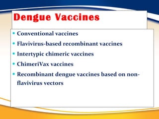 Dengue Vaccines Conventional vaccines Flavivirus-based recombinant vaccines Intertypic chimeric vaccines ChimeriVax vaccines Recombinant dengue vaccines based on non-flavivirus vectors 