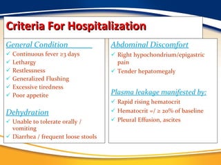 Criteria For Hospitalization General Condition  Continuous fever  ≥ 3 days Lethargy Restlessness Generalized Flushing Excessive tiredness Poor appetite Dehydration Unable to tolerate orally / vomiting Diarrhea / frequent loose stools Abdominal Discomfort Right hypochondrium/epigastric pain Tender hepatomegaly Plasma leakage manifested by: Rapid rising hematocrit Hematocrit =/  ≥ 20% of baseline Pleural Effusion, ascites 