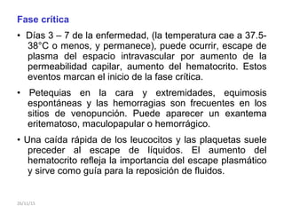Fase crítica
• Días 3 – 7 de la enfermedad, (la temperatura cae a 37.5-
38°C o menos, y permanece), puede ocurrir, escape de
plasma del espacio intravascular por aumento de la
permeabilidad capilar, aumento del hematocrito. Estos
eventos marcan el inicio de la fase crítica.
• Petequias en la cara y extremidades, equimosis
espontáneas y las hemorragias son frecuentes en los
sitios de venopunción. Puede aparecer un exantema
eritematoso, maculopapular o hemorrágico.
• Una caída rápida de los leucocitos y las plaquetas suele
preceder al escape de líquidos. El aumento del
hematocrito refleja la importancia del escape plasmático
y sirve como guía para la reposición de fluidos.
26/11/15
 