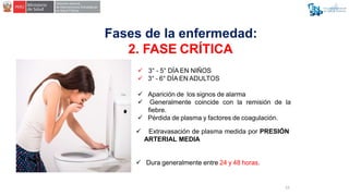 Fases de la enfermedad:
2. FASE CRÍTICA
 3° - 5° DÍA EN NIÑOS
 3° - 6° DÍA EN ADULTOS
 Aparición de los signos de alarm...