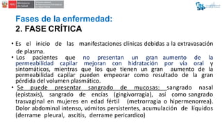 Fases de la enfermedad:
2. FASE CRÍTICA
• Es el inicio de las manifestaciones clínicas debidas a la extravasación
de plasm...