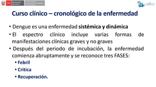 Curso clínico – cronológico de la enfermedad
• Dengue es una enfermedad sistémica y dinámica
• El espectro clínico incluye...
