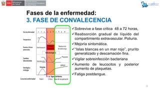 Fases de la enfermedad:
3. FASE DE CONVALECENCIA
Sobrevive a fase critica 48 a 72 horas,
Reabsorción gradual de líquido ...