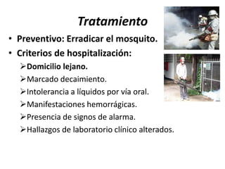 Tratamiento
• Preventivo: Erradicar el mosquito.
• Criterios de hospitalización:
Domicilio lejano.
Marcado decaimiento.
Intolerancia a líquidos por vía oral.
Manifestaciones hemorrágicas.
Presencia de signos de alarma.
Hallazgos de laboratorio clínico alterados.
 