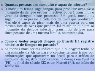  Quantas pessoas um mosquito é capaz de infectar?
 O mosquito fêmea suga sangue para produzir ovos. Se o
mosquito da dengue estiver infectivo, poderá transmitir o
vírus da dengue neste processo. Em geral, mosquitos
sugam uma só pessoa a cada lote de ovos que produzem.
Mas ele é capaz de picar mais de uma pessoa para um
mesmo lote de ovos que produz. Há relato de que um só
mosquito da dengue infectivo transmitiu dengue para
cinco pessoas de uma mesma família, no mesmo dia.
 Como o Aedes aegypti chegou ao Brasil? Há registro
histórico de Dengue no passado?
 As teorias mais aceitas indicam que o A. aegypti tenha se
disseminado da África para o continente americano por
embarcações que aportaram no Brasil para o tráfico de
escravos. Há registro da ocorrência da doença em Curitiba
(PR) no final do século XIX e, em Niterói (RJ), no início do
século XX.
 