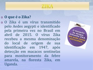  O que é o Zika?
 O Zika é um vírus transmitido
pelo Aedes aegypti e identificado
pela primeira vez no Brasil em
abril de 2015. O vírus Zika
recebeu a mesma denominação
do local de origem de sua
identificação em 1947, após
detecção em macacos sentinelas
para monitoramento da febre
amarela, na floresta Zika, em
Uganda.
 