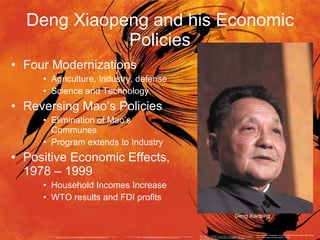 Deng Xiaopeng and his Economic Policies ,[object Object],[object Object],[object Object],[object Object],[object Object],[object Object],[object Object],[object Object],[object Object],Luo, Jing. &quot;China: Four Cardinal Principles, Implementation of.&quot;  China Today: An Encyclopedia of Life in the People's Republic [Two Volumes] . Santa Barbara, CA: Greenwood Press, 2005.  Daily Life Online . ABC-CLIO. 19 Apr 2010. <http://dailylife.greenwood.com/dle.aspx?k=4&x=GR2170&=p=GR2170-1541&bc=>.  Luo, Jing. &quot;China: Introduction.&quot;  China Today: An Encyclopedia of Life in the People's Republic [Two Volumes] . Santa Barbara, CA: Greenwood Press, 2005.  Daily Life Online . ABC-CLIO. 19 Apr 2010. <http://dailylife.greenwood.com/dle.aspx?k=4&x=GR2170&=p=GR2170-29&bc=>.  Beck, Roger B., Linda Black, Larry S. Krieger, Phillip C. Naylor, and Dahia Ibo. Shabaka. &quot;China: Reform and Reaction.&quot;  Modern world history patterns of interaction . Evanston, IL: McDougal Littell, 2006. 626-28.  Deng Xiaoping. Photograph. Encyclopædia Britannica Online. Web. 19 Apr. 2010  <http://search.eb.com/eb/art-125008>. Deng Xiaoping 