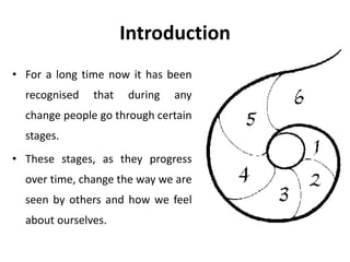 Introduction
• For a long time now it has been
recognised that during any
change people go through certain
stages.
• These stages, as they progress
over time, change the way we are
seen by others and how we feel
about ourselves.
 