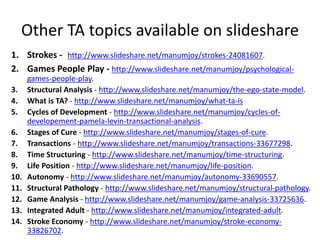 Other TA topics available on slideshare
1. Strokes - http://www.slideshare.net/manumjoy/strokes-24081607.
2. Games People Play - http://www.slideshare.net/manumjoy/psychological-
games-people-play.
3. Structural Analysis - http://www.slideshare.net/manumjoy/the-ego-state-model.
4. What is TA? - http://www.slideshare.net/manumjoy/what-ta-is
5. Cycles of Development - http://www.slideshare.net/manumjoy/cycles-of-
developement-pamela-levin-transactional-analysis.
6. Stages of Cure - http://www.slideshare.net/manumjoy/stages-of-cure.
7. Transactions - http://www.slideshare.net/manumjoy/transactions-33677298.
8. Time Structuring - http://www.slideshare.net/manumjoy/time-structuring.
9. Life Position - http://www.slideshare.net/manumjoy/life-position.
10. Autonomy - http://www.slideshare.net/manumjoy/autonomy-33690557.
11. Structural Pathology - http://www.slideshare.net/manumjoy/structural-pathology.
12. Game Analysis - http://www.slideshare.net/manumjoy/game-analysis-33725636.
13. Integrated Adult - http://www.slideshare.net/manumjoy/integrated-adult.
14. Stroke Economy - http://www.slideshare.net/manumjoy/stroke-economy-
33826702.
 