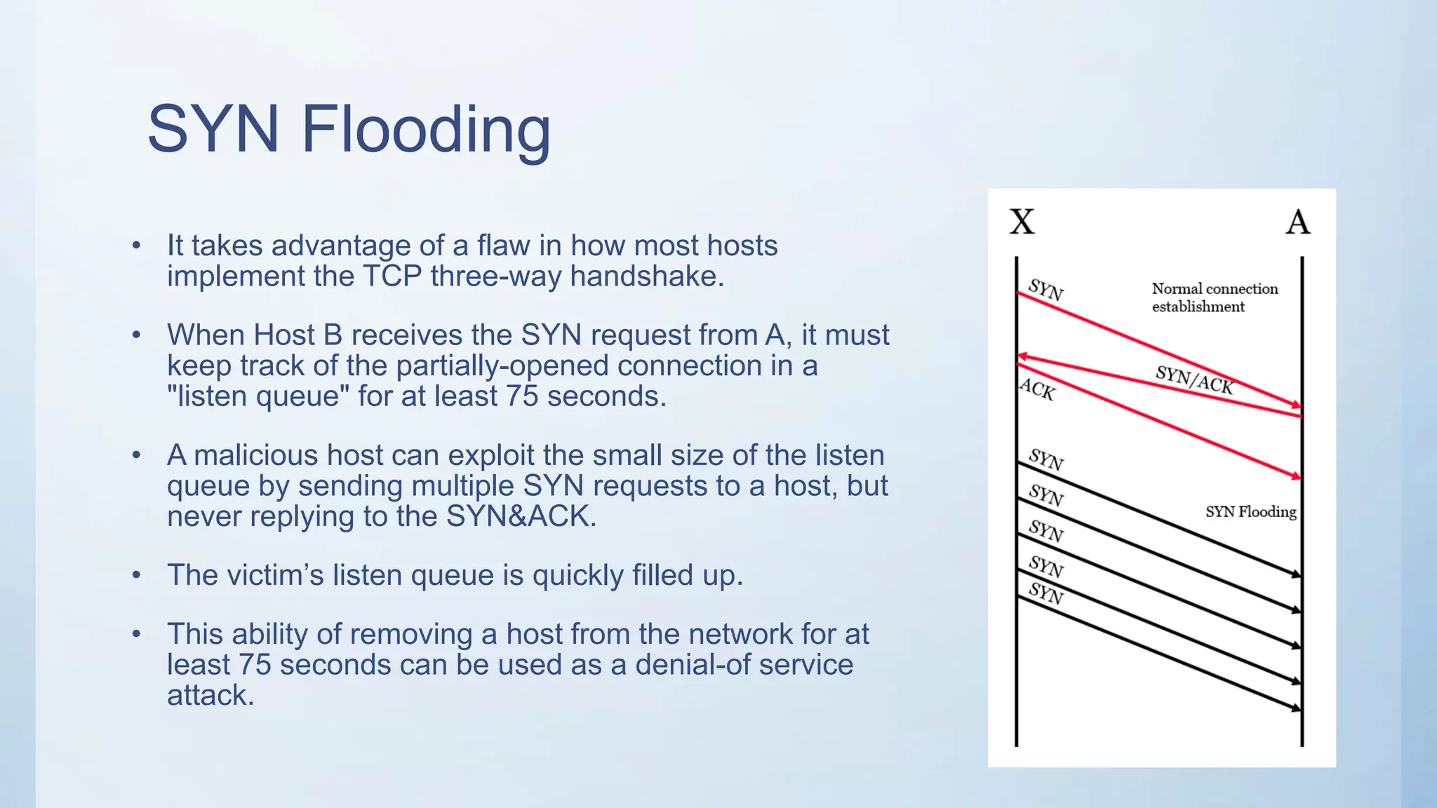 SYN Flooding
• It takes advantage of a flaw in how most hosts
implement the TCP three-way handshake.
• When Host B receives the SYN request from A, it must
keep track of the partially-opened connection in a
"listen queue" for at least 75 seconds.
• A malicious host can exploit the small size of the listen
queue by sending multiple SYN requests to a host, but
never replying to the SYN&ACK.
• The victim’s listen queue is quickly filled up.
• This ability of removing a host from the network for at
least 75 seconds can be used as a denial-of service
attack.
 