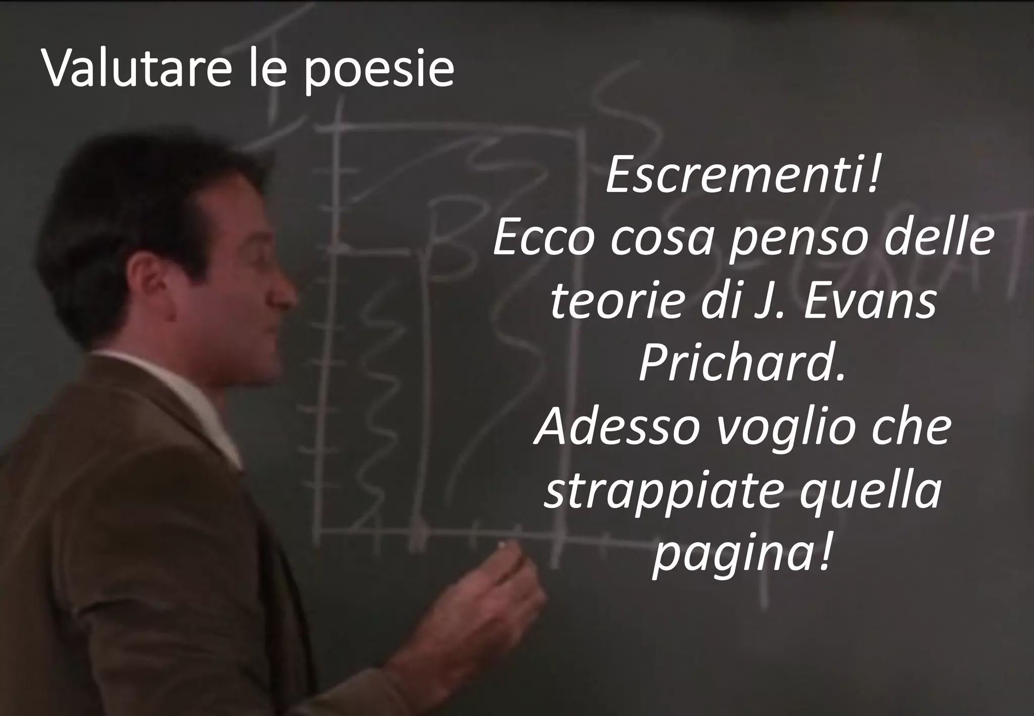 Valutare le poesie
Escrementi!
Ecco cosa penso delle
teorie di J. Evans
Prichard.
Adesso voglio che
strappiate quella
pagina!
 