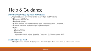 Help & Guidance
What Data Does Your Legal Department Wish To Screen?
Logistical / Business Operations (Tend to be Party Types in a ERP System)
Customers & Bill To Party
Vendors & Suppliers
Logistic Providers (i.e. Freight Forwarder, Cross Dock Consolidations, Carriers, etc.)
Financial Institutions (Companies Who Pay Your Company)
Other
Building Visitors
Employees
Individuals Granted Systems Access (i.e. Consultants, On Demand Support, etc.)
Are You In Over Your Head?
Making Decisions on Behalf of a Company is a Personal Liability. Know when to ask for help and seek guidance
WEBINAR 2016
 
